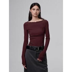 Commense Y2K Lettuce Trim Slim Long Sleeve Top Casual Burgundy Medium